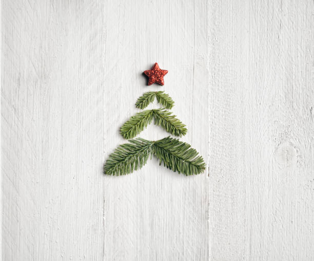 Photography of a christmas tree made of Pine branches on white painted wood planks.
