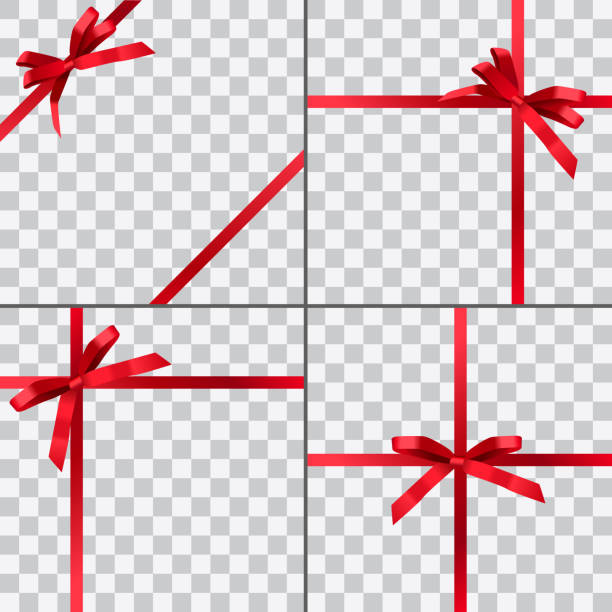 satz von vier vektor geschenkpapier entwürfe mit rot glänzenden realistische bändern auf transparenten hintergrund isoliert - ribbon red bow christmas stock-grafiken, -clipart, -cartoons und -symbole