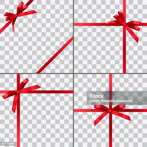 Set Of Four Vector Gift Wrapping Designs With Red Shiny Realistic Ribbons Isolated On Transparent Background Stock Illustration - Download Image Now