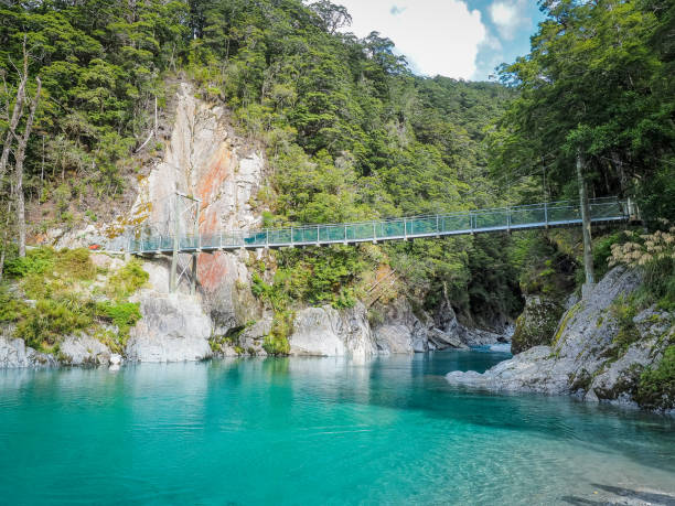 Swing bridge on the Blue Pool in New Zealand. stock photo