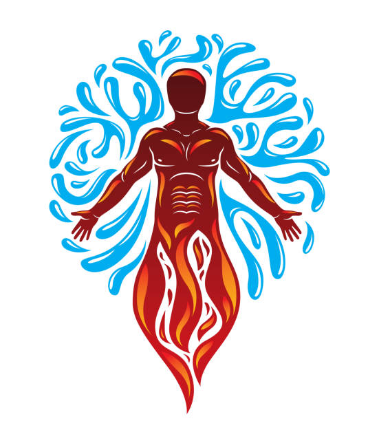 istock Vector illustration of human being standing, mythic ancient god. Prometheus surrounded by a water ball, water and fire diversity and harmony. 877714222