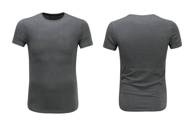 vistas frontales y traseros de la camiseta gris sobre fondo blanco - gray shirt fotografías e imágenes de stock