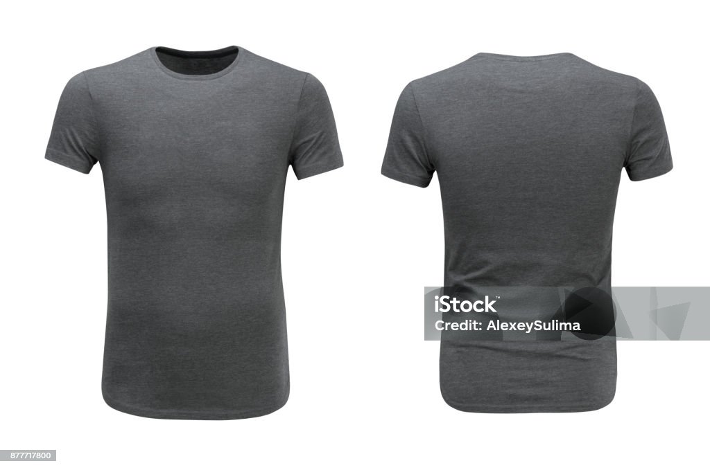 Front and back views of grey t-shirt on white background Front and back views of grey t-shirt on white background with paths T-Shirt Stock Photo