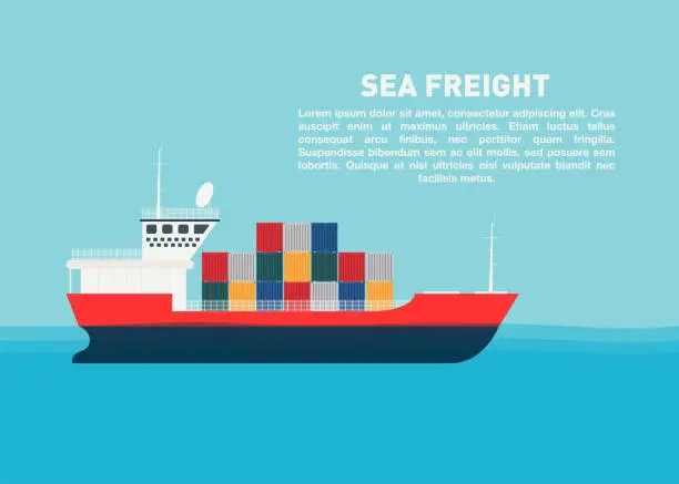 Vector illustration of Transport cargo sea ship with containers. Sea transportation logistic, sea freight. Space for text