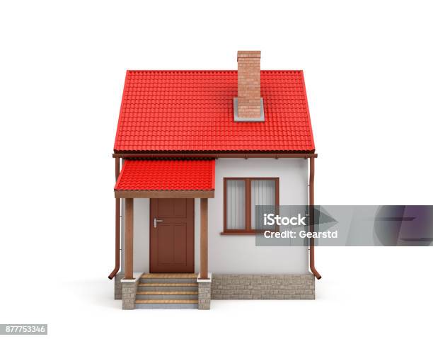 Photo libre de droit de Rendu 3d Dune Petite Maison Avec Une Cheminée Et Un Toit Rouge Sur Fond Blanc banque d'images et plus d'images libres de droit de Maison