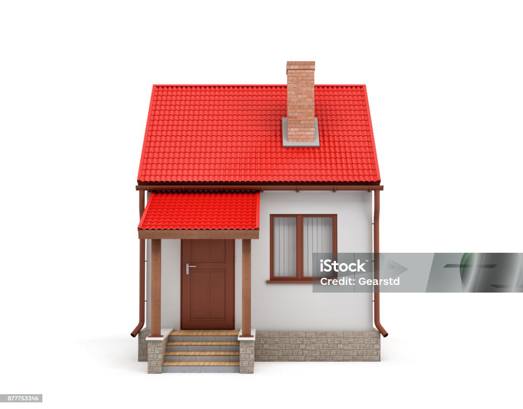 3d rendering of a small residential house with a chimney and a red roof on a white background. 3d rendering of a small residential house with a chimney and a red roof on a white background. Home and house. Living place. Build your own home. House Stock Photo