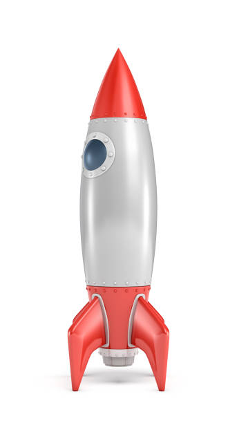 istock 3d rendering of a silver and red rocket ship with a round porthole standing on a white background. 877753524