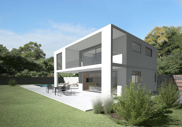 istock Modern villa with terrace and garden. 877759898