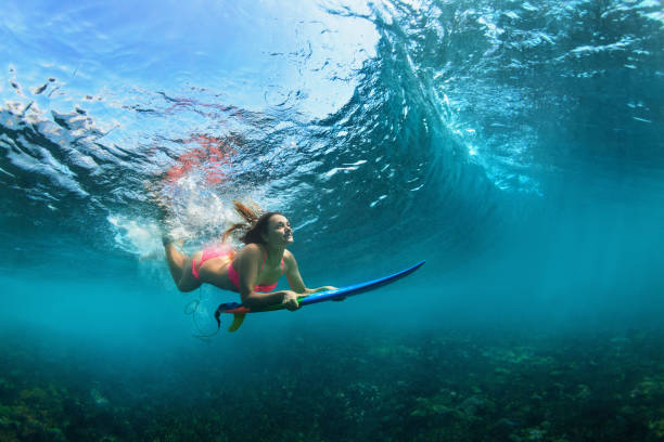 istock Active girl in bikini in dive action on surf board 877760976