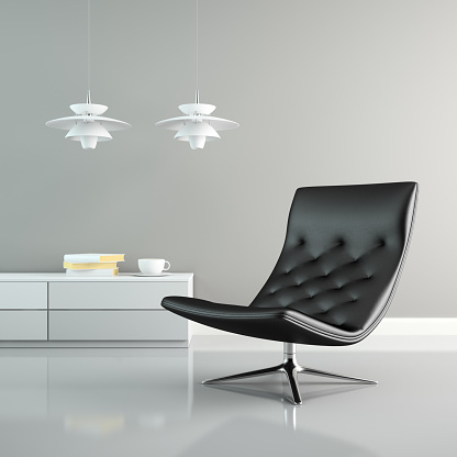Part of  interior with white lamps and black armchair 3D rendering