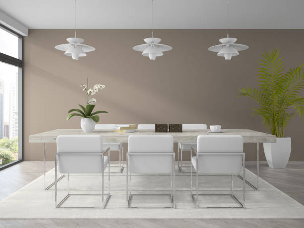 istock Interior of modern design dining room with palm 3D rendering 877766610