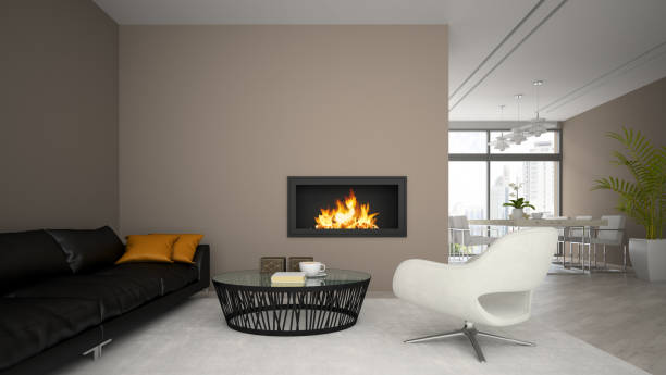 istock Interior of modern  loft with fireplace and black sofa 3D render 877766652