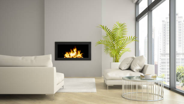 istock Interior of modern  loft with fireplace and palm 3D rendering 877766856