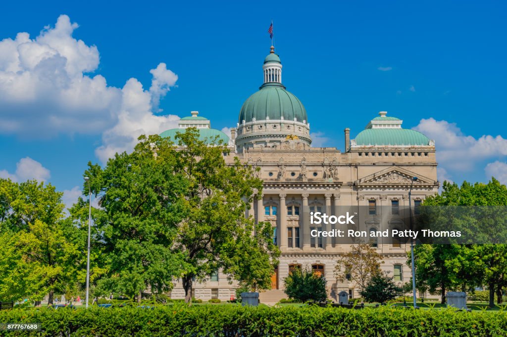 Indianapolis downtown district with courthouse and grounds, Indiana Goverment building; city with park setting; spring foliage; major usa city; usa heartland Indiana Stock Photo