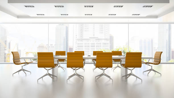 istock Interior of boardroom with orange armchairs 3D rendering 2 877767858