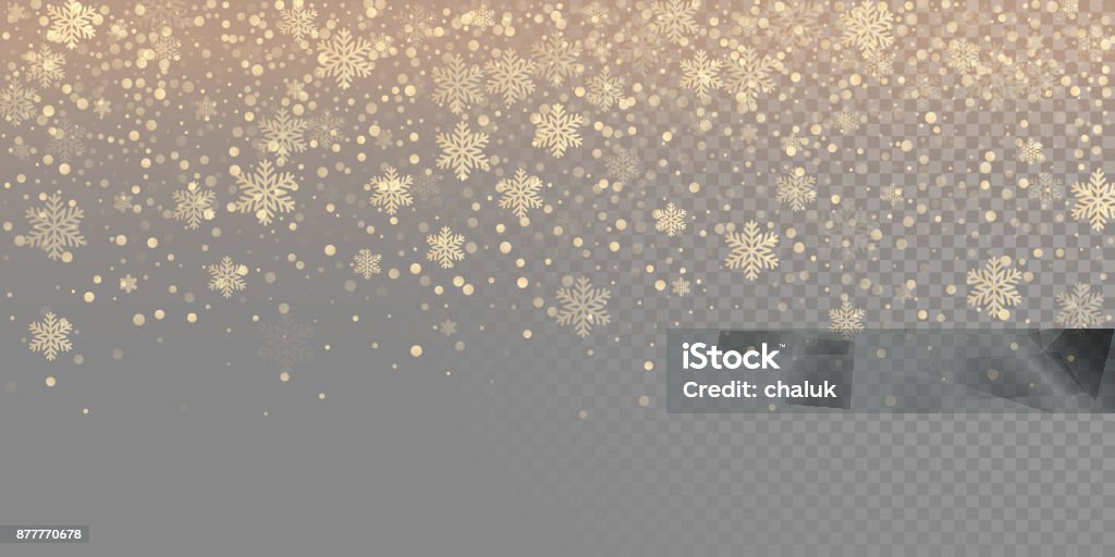 Falling snow flake golden pattern background. Gold snowfall overlay texture isolated on transparent white background. Winter Xmas snowflake elementsfor Christmas of New Year holiday design template Gold - Metal stock vector