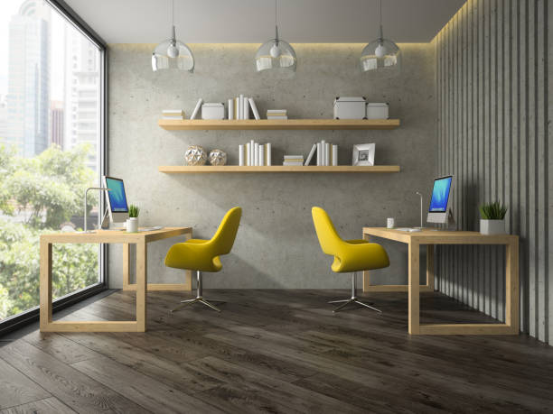 istock Interior of modern office with two yellow armchair 3D rendering 877770814
