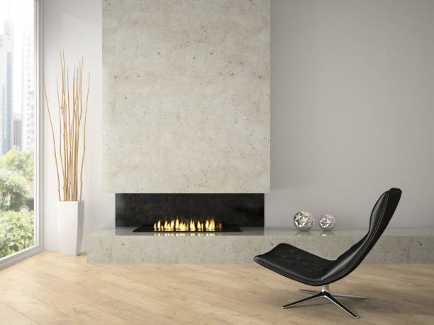 istock Interior of modern  design loft  with fireplace 3D rendering 877771404