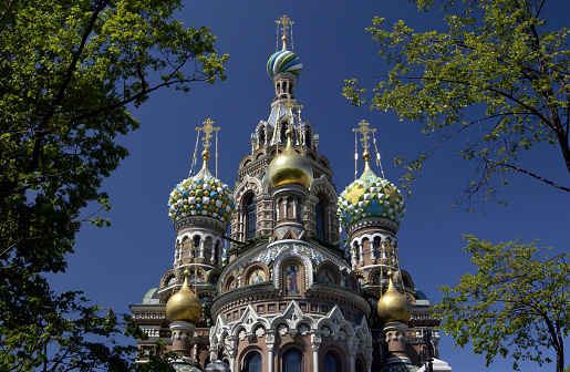 The Russian Orthodox Church of the Savior on Spilled Blood in St. Petersburg, Russia.  The church was built between 1883 and 1907.