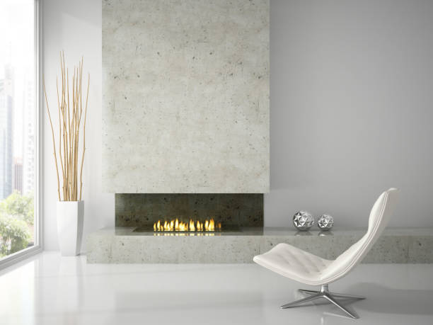 istock Interior of clean white room with fireplace 3D rendering 877773636