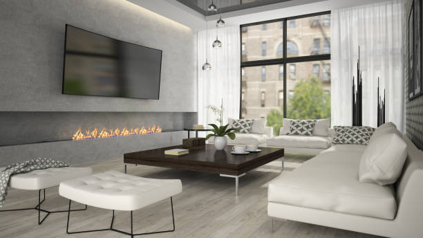 istock Interior of living room with stylish fireplace 3D rendering 877774164