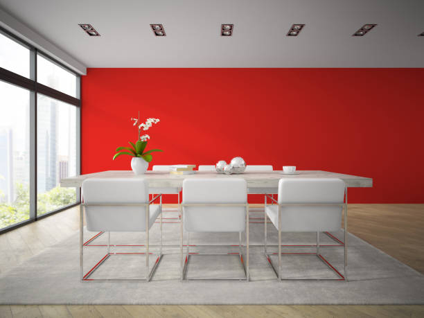 istock Interior of modern dining room with red wall 3D rendering 877774210