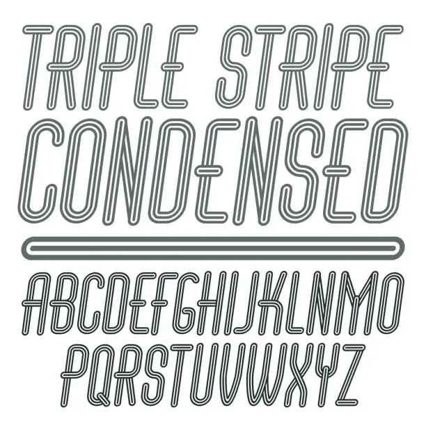 Vector illustration of Vector capital modern alphabet letters set. Trendy italic condensed font, script from a to z can be used in art  poster creation. Made with geometric parallel triple lines.