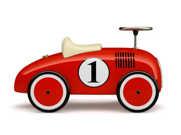 Photo of Red retro toy car number one isolated on white background