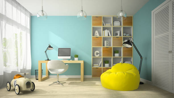 istock Interior of modern design room with shelf wall 3D rendering 877778010