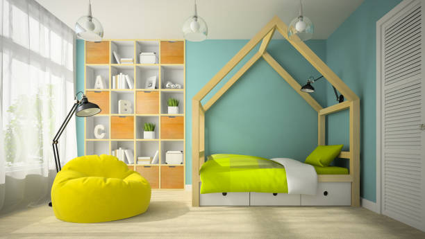 istock Interior of modern design room with original bed 3D rendering 2 877778056