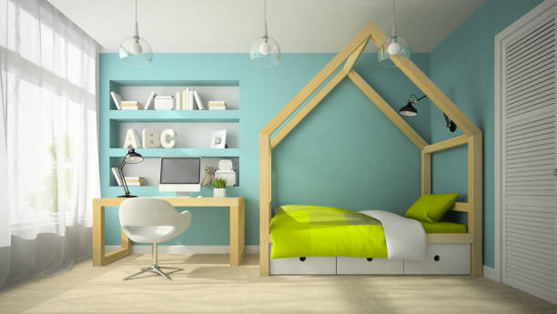 istock Interior of modern design room with original bed 3D rendering 2 877778126