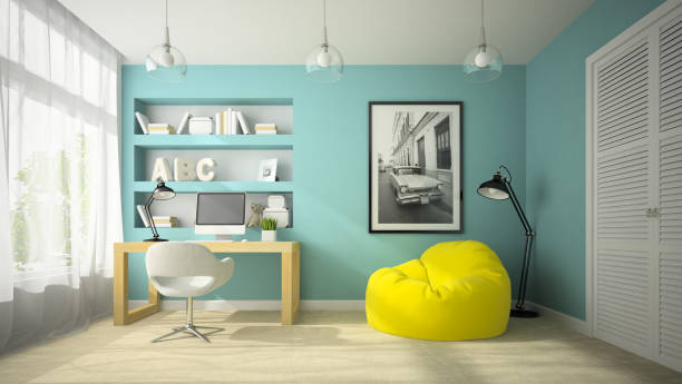 istock Interior of modern design room with shelf wall 3D rendering 877778182