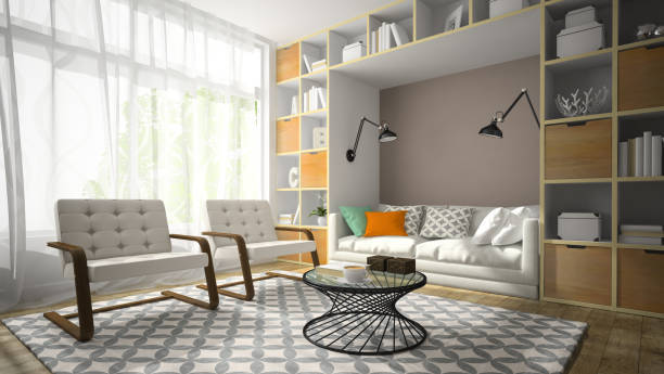 istock Interior of modern design room with shelf wall 3D rendering 877780550