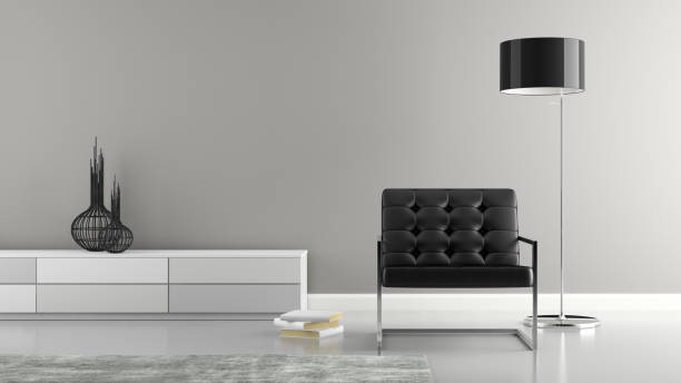 istock Part of  stylish interior with black armchair 3D rendering 877780556