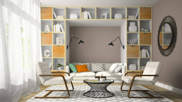 istock Interior of modern design room with shelf wall 3D rendering 877781028