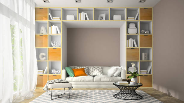istock Interior of modern design room with shelf wall 3D rendering 877781112