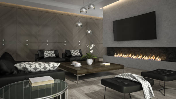 istock Interior of living room with stylish fireplace 3D rendering 877781338
