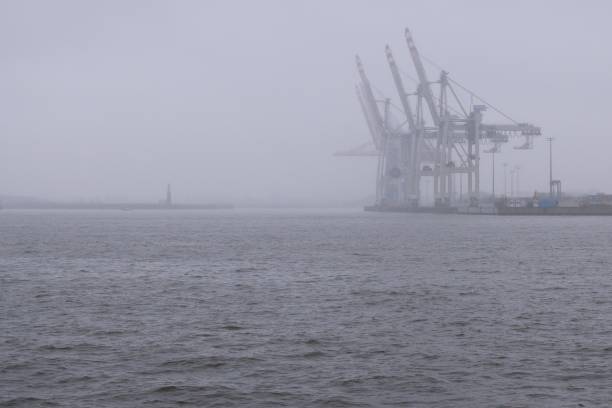 Hamburg Harbor during rainy day.