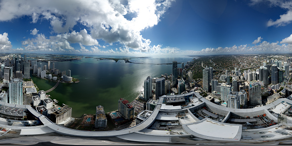 Aerial panorama of Downtown Miami Brickell Biscayne  Bay amazing view from above