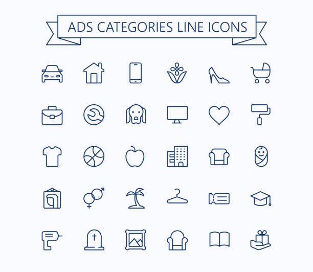 ilustrações de stock, clip art, desenhos animados e ícones de classified advertisements categories thin line icons set.24x24 grid. pixel perfect.editable stroke. - dacian