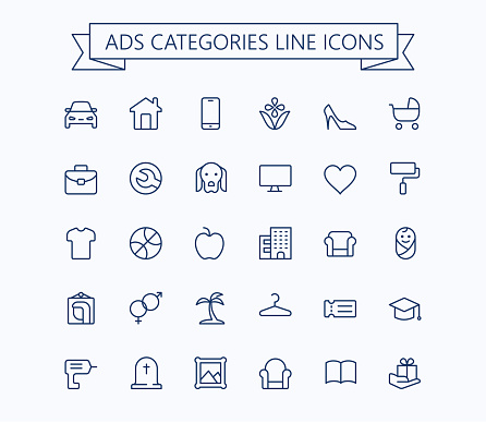 Classified advertisements categories thin line icons set.24x24 Grid. Pixel Perfect.Editable stroke. eps 10
