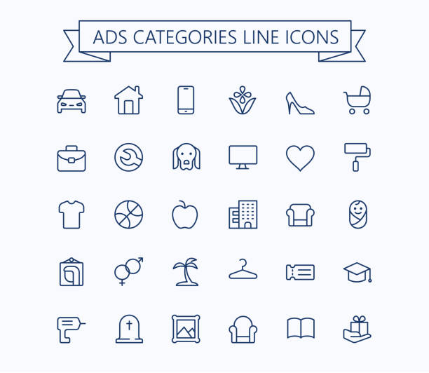 Classified advertisements categories thin line icons set.24x24 Grid. Pixel Perfect.Editable stroke. Classified advertisements categories thin line icons set.24x24 Grid. Pixel Perfect.Editable stroke. eps 10 classified ad stock illustrations