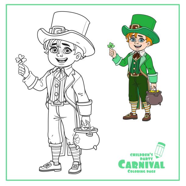 ilustrações, clipart, desenhos animados e ícones de garoto bonito em duende traje com um pote de ouro cor e delineou para coloração página - clover leaf green spirituality