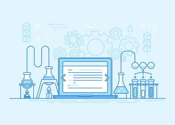 웹 사이트 및 응용 프로그램 개발 사업 개념 - 화학 물리적 묘사 일러스트 stock illustrations
