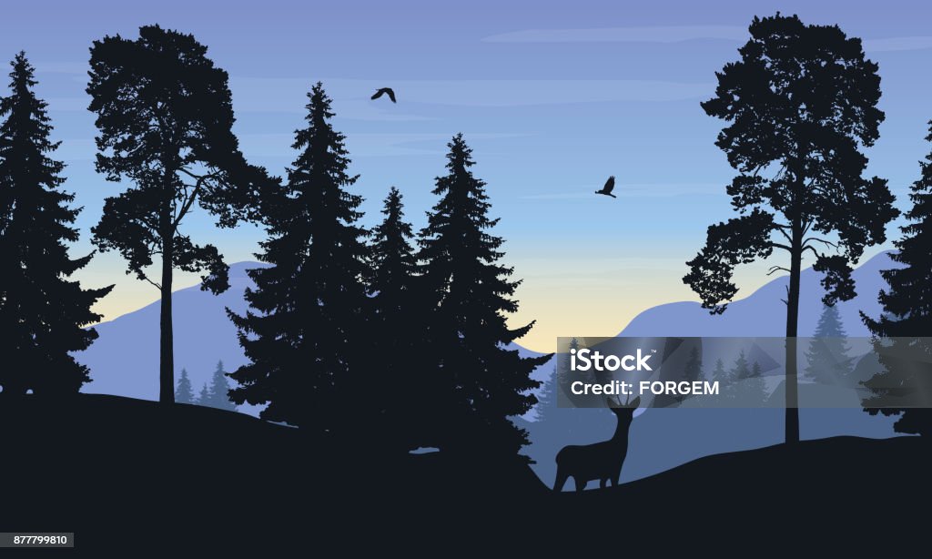 Illustrazione vettoriale realistica del paesaggio montano con foresta, cervo e aquila - arte vettoriale royalty-free di Caccia - Sport con animali
