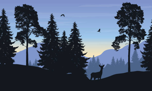 istock Realistic vector illustration of mountain landscape with forest, deer and eagle 877799810