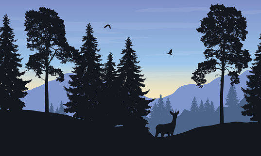 Realistic vector illustration of mountain landscape with forest, deer and eagle