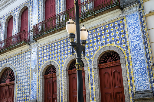 Santos, Brazil - Sep 1, 2017: Tile Facade House (Casa da Frontaria Azulejada) - Santos, Sao Paulo, Brazil