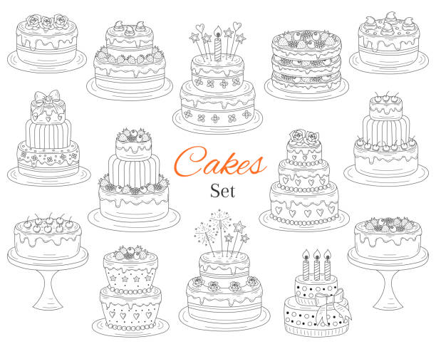 zestaw ciast, wektorowa ręcznie rysowana ilustracja doodle - tort weselny stock illustrations
