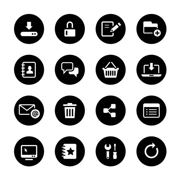 Web and Internet Circle Icons Set An illustration of web and internet circle icons set for your web page, presentation, apps & design products. Black & white design and has a metal frame that makes it look dazzling. Vector format can be fully scalable & editable. laptop in a trash bin stock illustrations